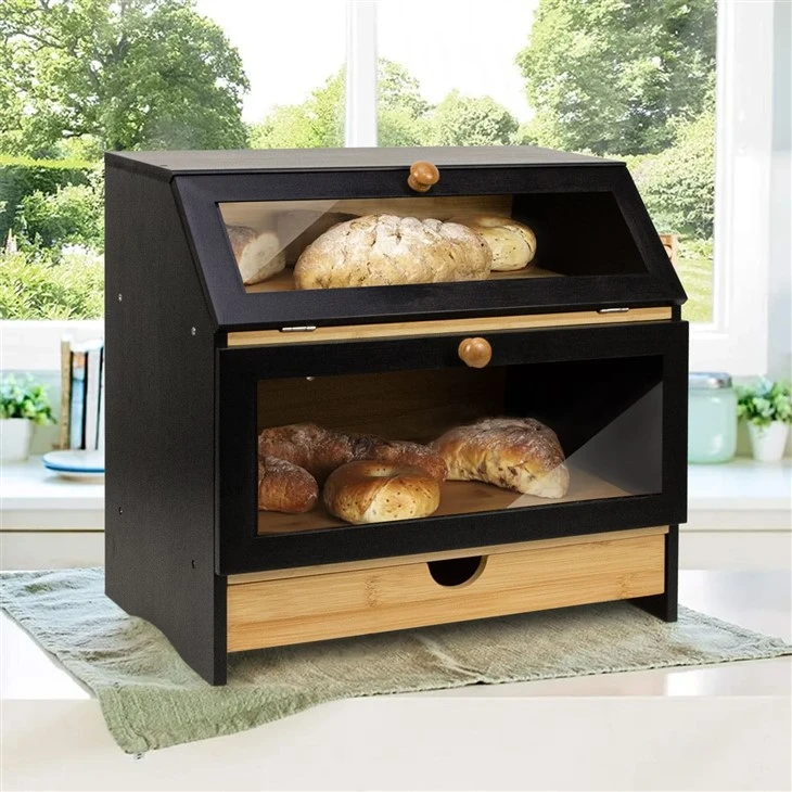 Black Bamboo Bread Box With Drawer high quality
